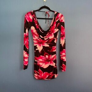 Y2K Caché Mini Dress Women's Size Small Cowl Neck Bodycon Floral Club Going Out